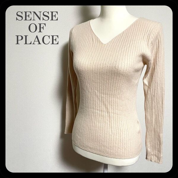 SENSE OF PLACE Vネック 長袖リブニット オフホワイト