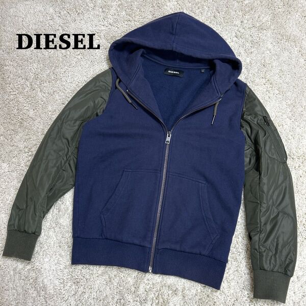 【極美品】DIESEL ディーゼル ドッキング パーカー フーディ 切替 異素材 ミリタリー ボンバー MA-1 風 裏起毛 S