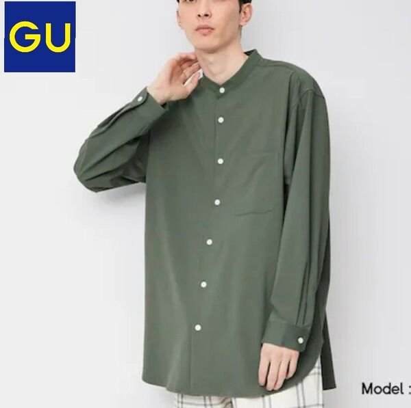 GU ジーユー オーバーサイズバンドカラーシャツ 長袖 S グリーン ユニクロ トップス