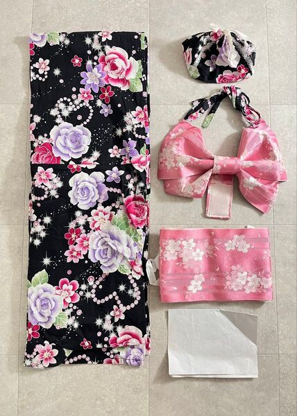 黒地花柄浴衣 帯セット レディース 夏 花火 祭り 作り帯