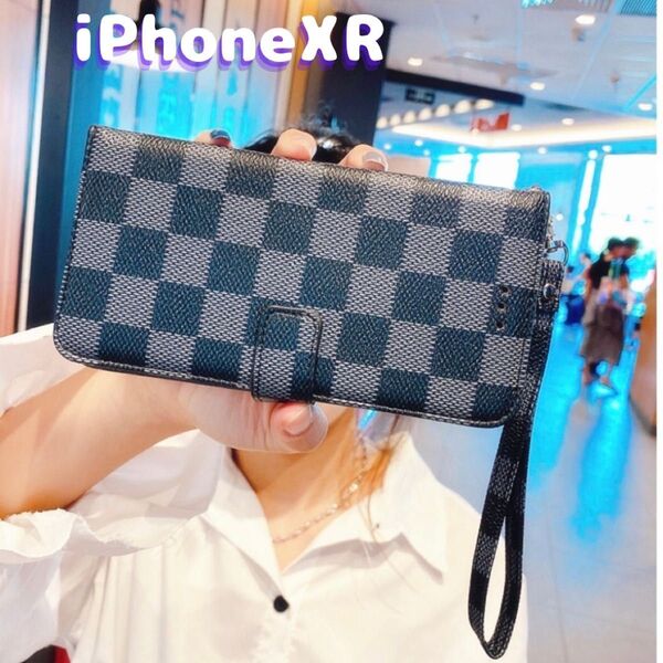 スマホ ケース iPhoneXR 手帳型 ブラック 黒色 チェック柄 格子柄 黒ブラック お洒落