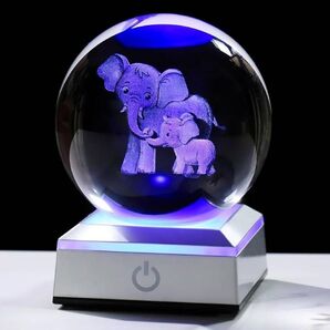 3D クリスタルボール ゾウの親子 LEDライト 多色変更置物 ナイトライト 置物 水晶玉