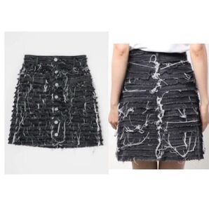 ブラック マウジー デニム フリンジ ミニスカート FRINGE DENIM
