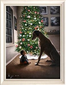 油絵 静物画『ホーリーナイト』Ryan作 肉筆1点物 子供 犬 クリスマス 冬 R10.19-N7 絵画,油彩,静物画