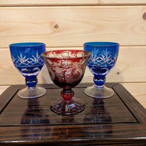 色被せ切子 青2客 ボヘミアングラス エーゲルマン1客 酒器 お酒 まとめ売り傷や汚れあり