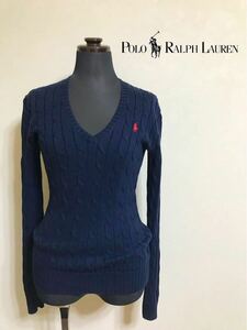 Polo Ralph Lauren ポロ ラルフローレン レディース Vネック ケーブルニット セーター 綿 トップス サイズXS 155/80A 長袖 ネイビー