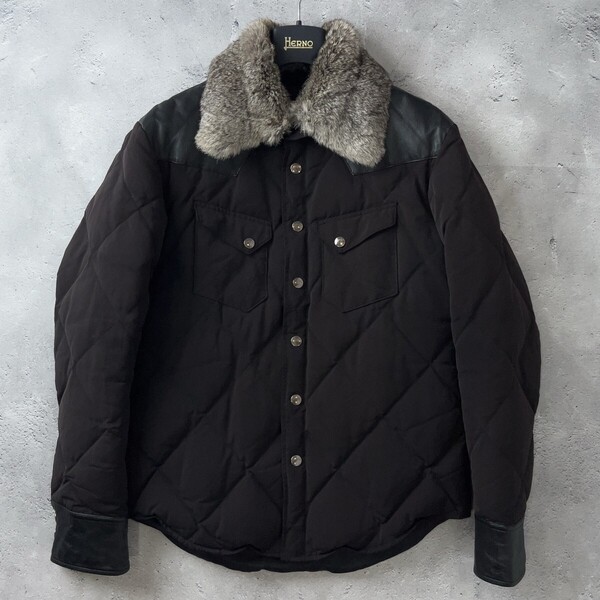 BEN THE RODEO TAILOR for Wrangler MEN'S BIGI 別注 ラングラー メンズビギ レザー ヨーク キルティング ダウンジャケット L メンズ 40 黒