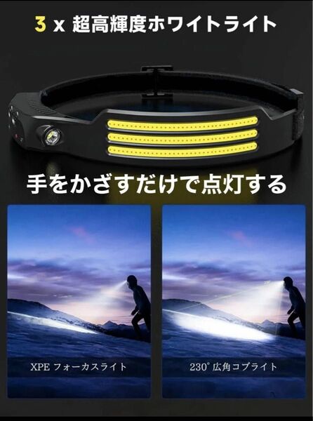 充電式 LED 軽量 センサー ヘッドライト USB充電 アウトドアヘッドランプ 防水 センサーライト 高輝度 キャンプ