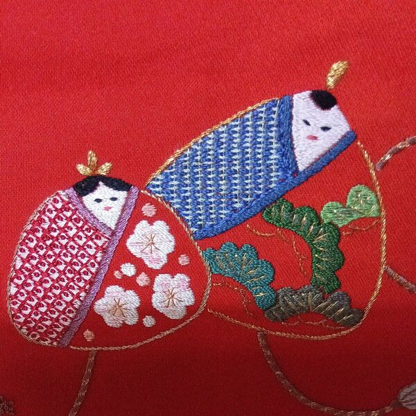 ★お雛様★ハンドメイドタペストリー 帯地手刺繍