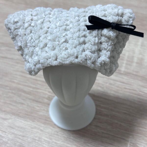 ぬいぐるみ用 猫耳 ニット帽 ちびぐるみサイズ リボン ハンドメイド 編み物 毛糸