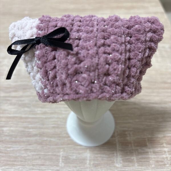 ぬいぐるみ用 猫耳ニット帽 リボン ちびぐるみサイズ ハンドメイド 編み物 毛糸