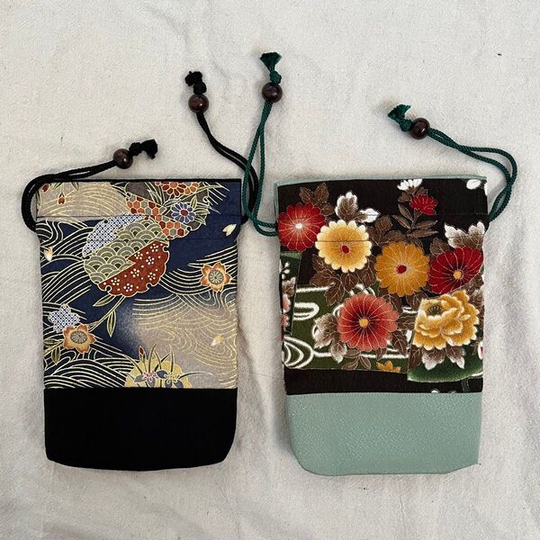 【新品】和柄 巾着 2個セット 和風 ちりめん ポーチ 小物入れ 和装 日本 小物 上品 刺繍ポーチ スマホケース