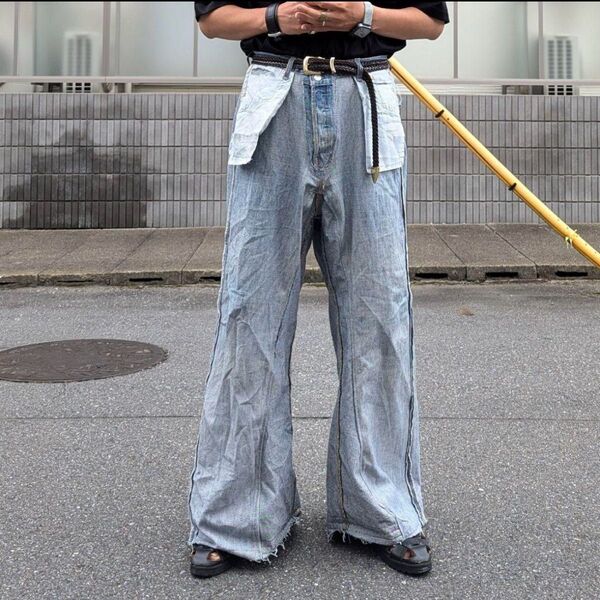 オリジナルリメイクデニム インサイドアウトワイドフレア ドッキング ハカマパンツ フレアパンツ ジーンズ ワイドシルエット