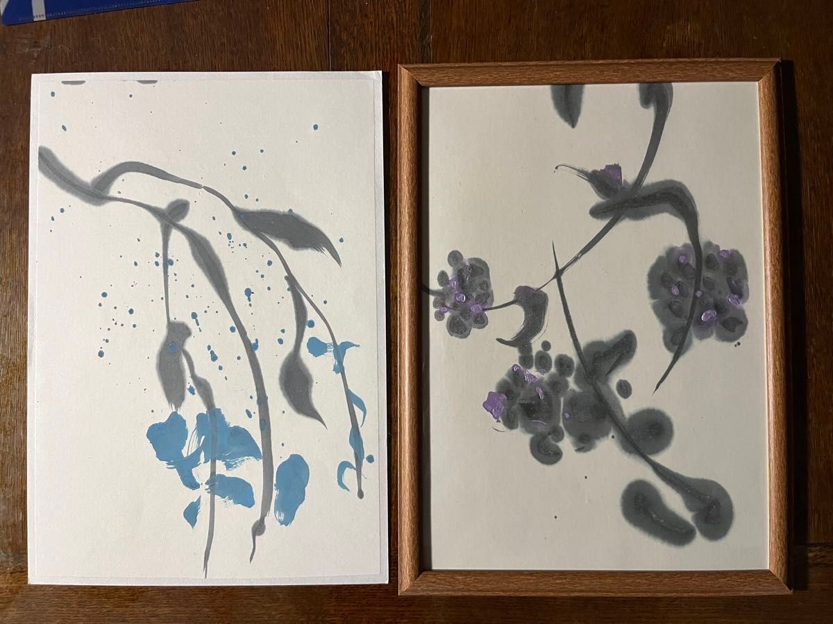 日本画 墨絵 作者不明 白石雪妃?2枚組 26×38cm 1枚 no.4 日本画 墨絵作者不明白石雪妃?2枚組 26×38cm 1枚no.3