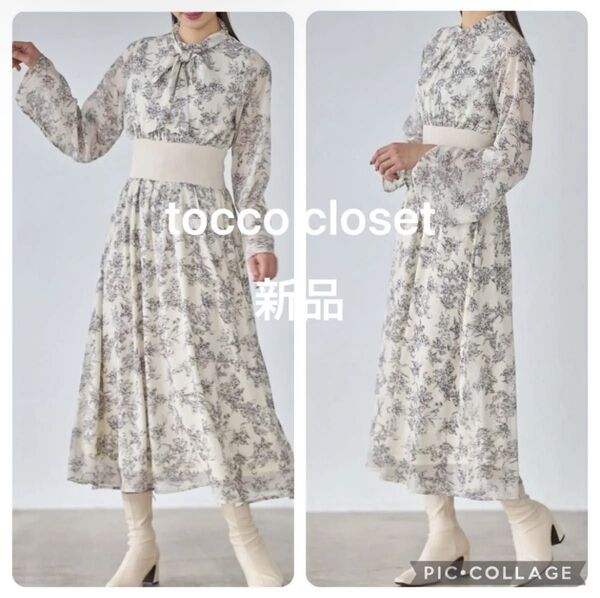 新品 トッコークローゼット 2WAYボウタイリボン付きウエストリブ切替スリットスリーブフラワープリントワンピース お呼ばれ デート