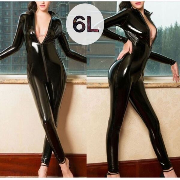 6L 5XL 光沢 PUレザー ボディスーツ キャットスーツ セクシー 女王様 ボンテージ ブラック 黒 峰不二子 XXXXXL