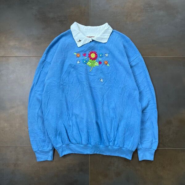 USA古着 top stitch ビンテージ スウェット トレーナー ブルー×ホワイト 刺繍 フラワー 花 襟付き 長袖