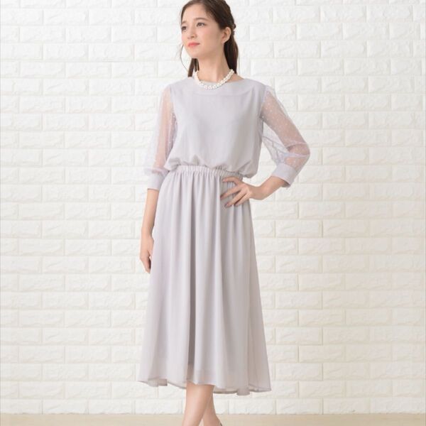 【Lace Ladies】 ドットチュール袖ワンピース・ドレス