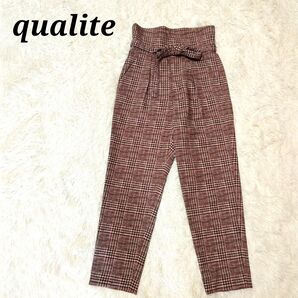 qualite カリテ ギマチェック ハイウエスト パンツ ブラウン 9分丈