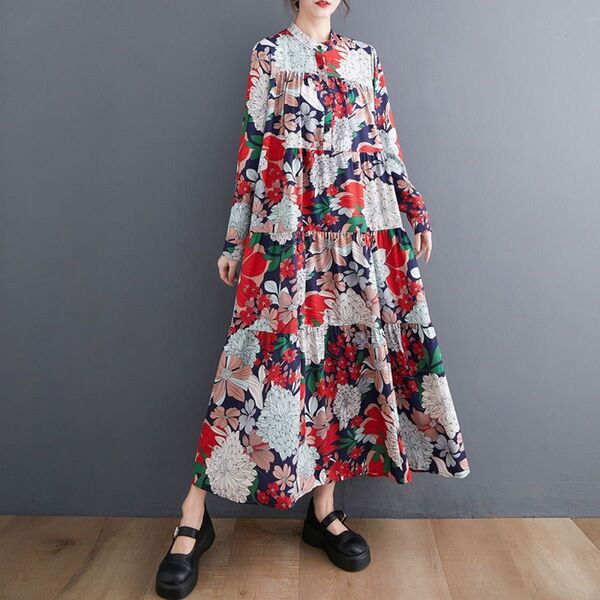 個性派 総柄 花柄 ボタニカル レトロ ワンピース ティアード 体型カバー ロングスカート シャツワンピース 長袖 赤