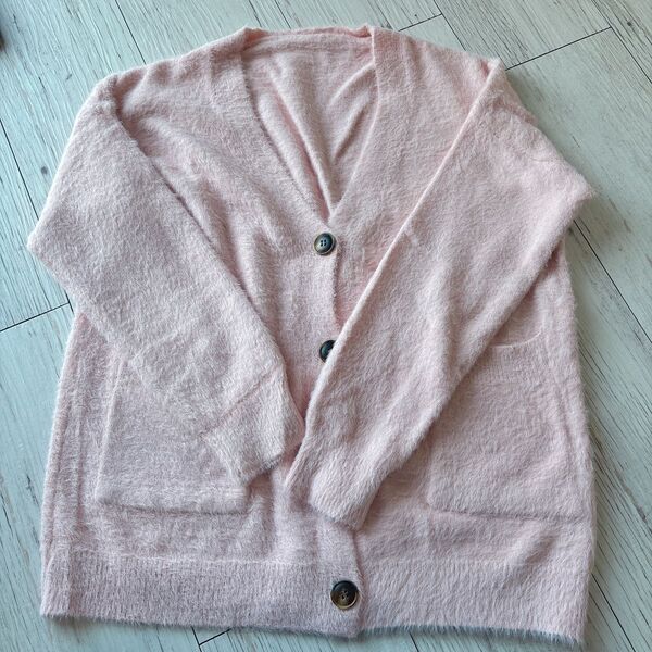 ★新品★ カーディガン ピンク ユニセックス 冬 ニット シャギーニット Vネック 韓国 長袖 シンプル ボタン カーディガン