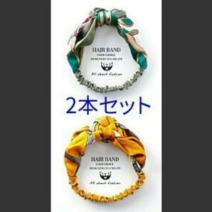 【残り1点】 ヘアバンド 2本 グリーン イエロー サテン 韓国 オルチャン オールシーズン