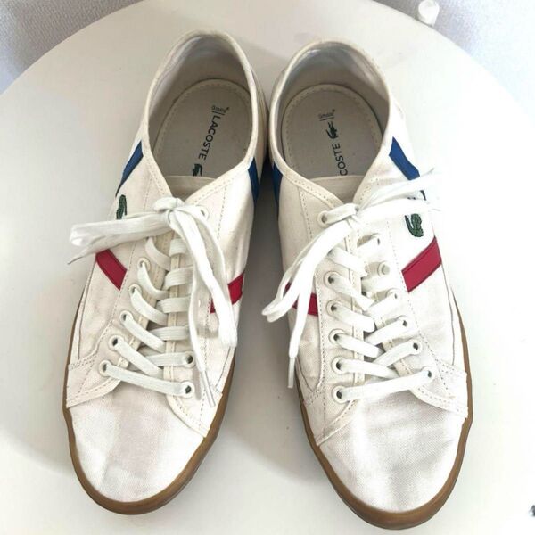 美品 Lacoste スニーカー ホワイト 赤青ストライプ 27cm