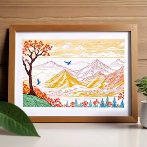 絵画「秋の山々」 A4 額無し 風景画 インテリア 秋 山 丘 紅葉 鳥 青 オレンジ 線画 イラスト