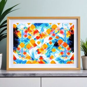 絵画「清流」 A4 額無し 風景画 インテリア 川 滝 岩 渓流 苔 模様 オレンジ 青 水色 赤 イラスト