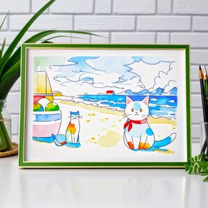 絵画「浜辺で猫と」 A4 額無し 風景画 インテリア 海 猫 浜辺 果物 青 雲 空 家 緑 山 入り江