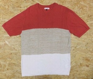 a.v.v HOMME アーヴェヴェオム L メンズ ニット Tシャツ 半袖 ラウンドネック マルチボーダー×ジャカード 麻×綿 ヘザーカラー 赤×茶×白