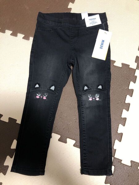 【新品】H&M ブラック デニム レギンス パンツ ネコ柄 100