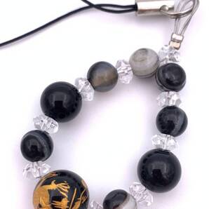 天然石オニキス金彫り青龍&チベットメノウ(天眼石)のストラップ