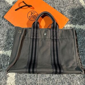 エルメス HERMES エールライン ミニトートバッグ キャンバス グレー