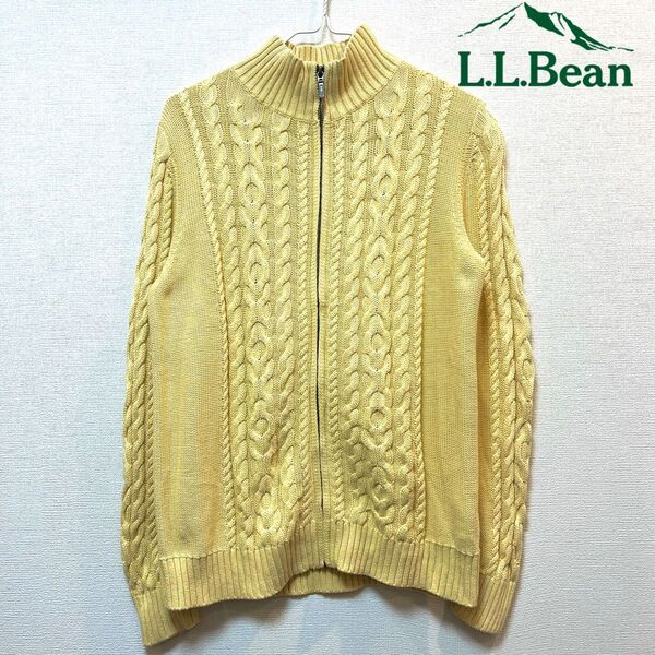 【美品】L.L.Bean(エルエルビーン) コットン ハイネックケーブルニットジャケット イエロー M カーディガン アウター