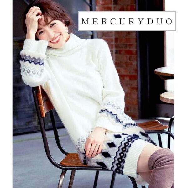 MERCURYDUO (マーキュリーデュオ) ノルディックオフショルニットワンピース オフホワイト 求心柄 フェアアイル柄