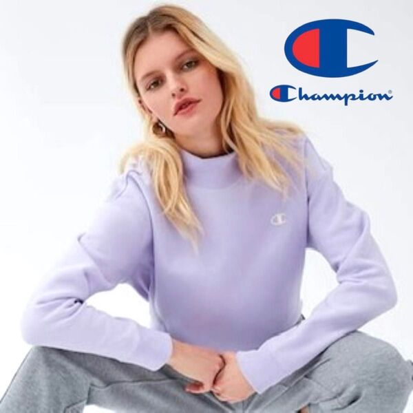 【美品】Champion(チャンピオン) ブランドロゴ刺繍 裏起毛モックネックスウェットトレーナー パープル 紫トップス
