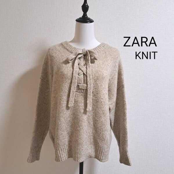 ZARA KNIT ウール モヘア ニットセーター デコルテリボン クルーネック ベージュ