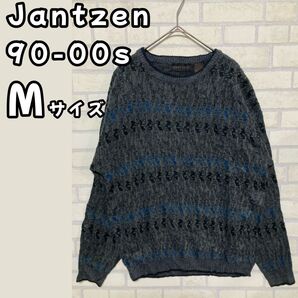 90s 00s Jantzen ジャンセン 総柄 ニット セーター 長袖 グレー 韓国製 メンズM ユニセックス グランパコア