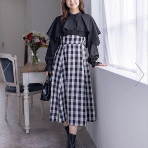 clear クリア ケープ風 チェック柄 ドッキングフレアロングワンピース