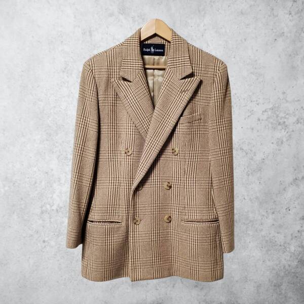 【良好 クリーニング済】 RALPH LAUREN ラルフローレン グレンチェック ダブルテーラードジャケット ウール70% ノーベント M