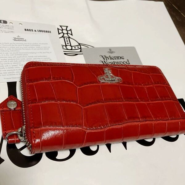 送料込●新品●価5万 Vivienne Westwood ラウンドジップ長財布 赤C ワニ革風本牛革 ヴィヴィアン ウエストウッド ビビアン レザー 大容量