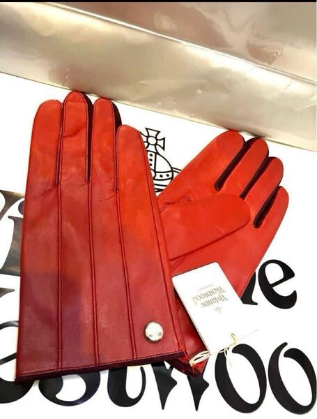 送料込●新品●Vivienne Westwood 羊革手袋 赤A×黒(指横) メンズ24cm 縦23cm ×横10cmヴィヴィアンウエストウッド レザー 薄手