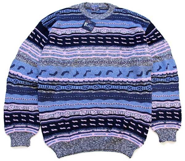 デッドストック★90s KARIN moda 編み柄 コットン×アクリルニット セーター★オールド ユーロ 3D 立体編み 総柄 デザイン オーバーサイズ