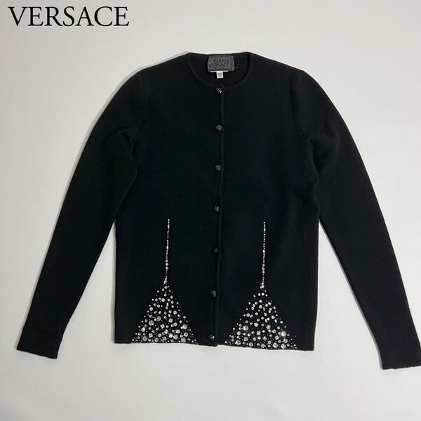 美品 GIANNI VERSACE ジャンニヴェルサーチェ ニットカーディガン 羽織 トップス 長袖 ラインストーン ブラック アウター 38/0 レディース