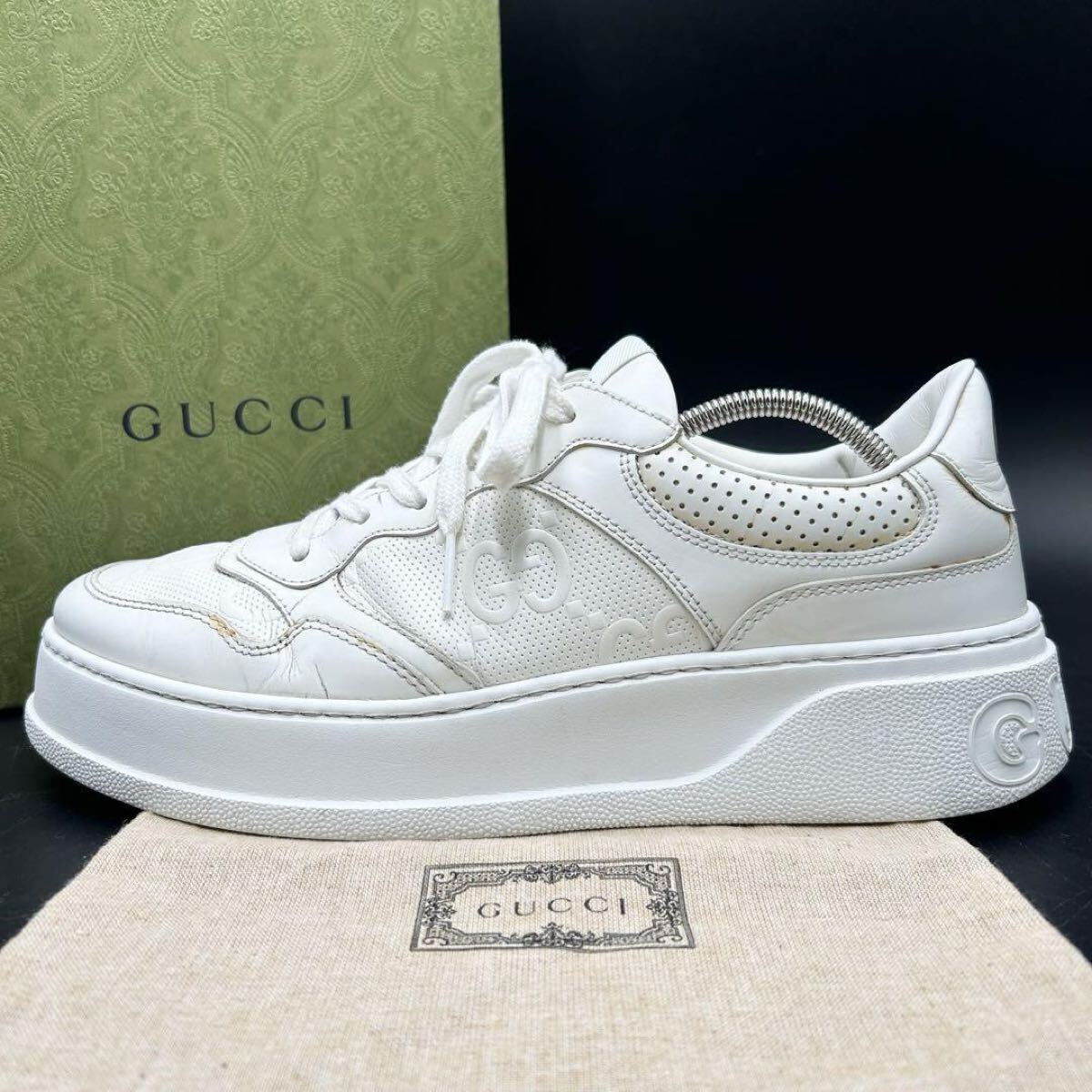 1円 【現行美品】 GUCCI グッチ 【王者の貫禄】 ジャンボGG インターロッキング スニーカー シューズ 靴 厚底 レザー ホワイト 27.5cm相当 11,708円