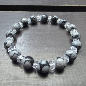 スノーフレークオブシディアンxカット水晶ブレスレット 天然石 パワーストーン