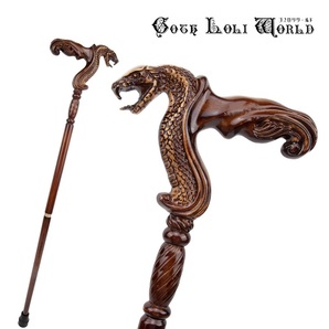 即納 TUE008 大蛇 ヘビ 紳士 ステッキ 杖 つえ ゴールド 木製 高級 ファッション ゴシック パンク ロック ビジュアル系 仮装 演劇