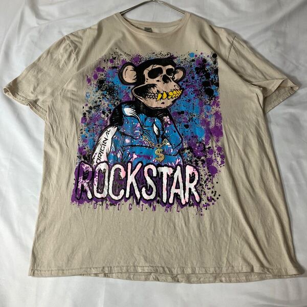 ROCKSTAR グラフィックTシャツ 古着 XL 半袖Tシャツ コットン ベージュ 00s