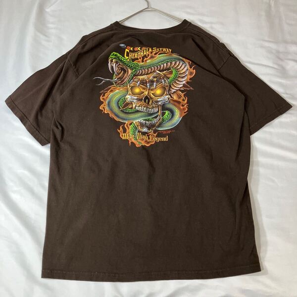 アート グラフィック Tシャツ バックプリントTシャツ ドクロ スカル 蛇 ヘビ 炎 ファイヤーパターン 古着 00s XL ブラウン